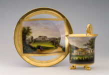 Český porcelán tří století Koflík s miskou s pohledy na letohrádek Kinských na Smíchově, Lippert & Haas, Slavkov 1831